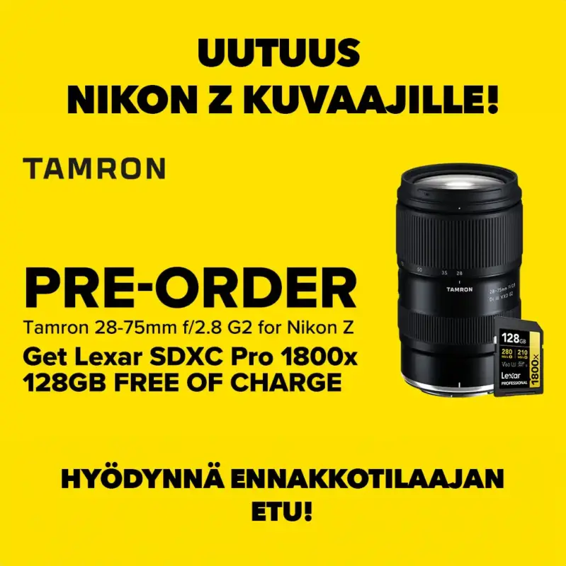 Tamron 28-75mm f:2.8 G2 Nikon Z + Lexar Pro 128gb SDXC offer etusivu